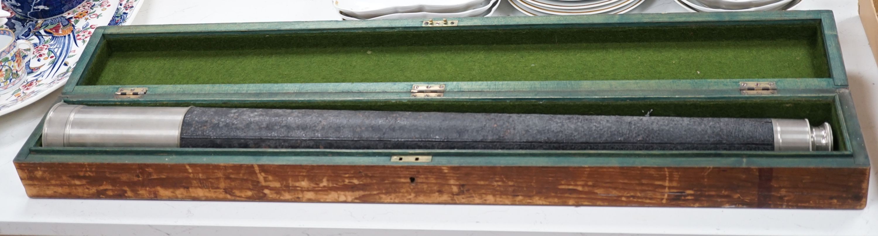 An early 20th century Voigtlander & Sohn A-G Braunschweig 36 x telescope, No. 16871, in pine box, overall boxed width 93cms.